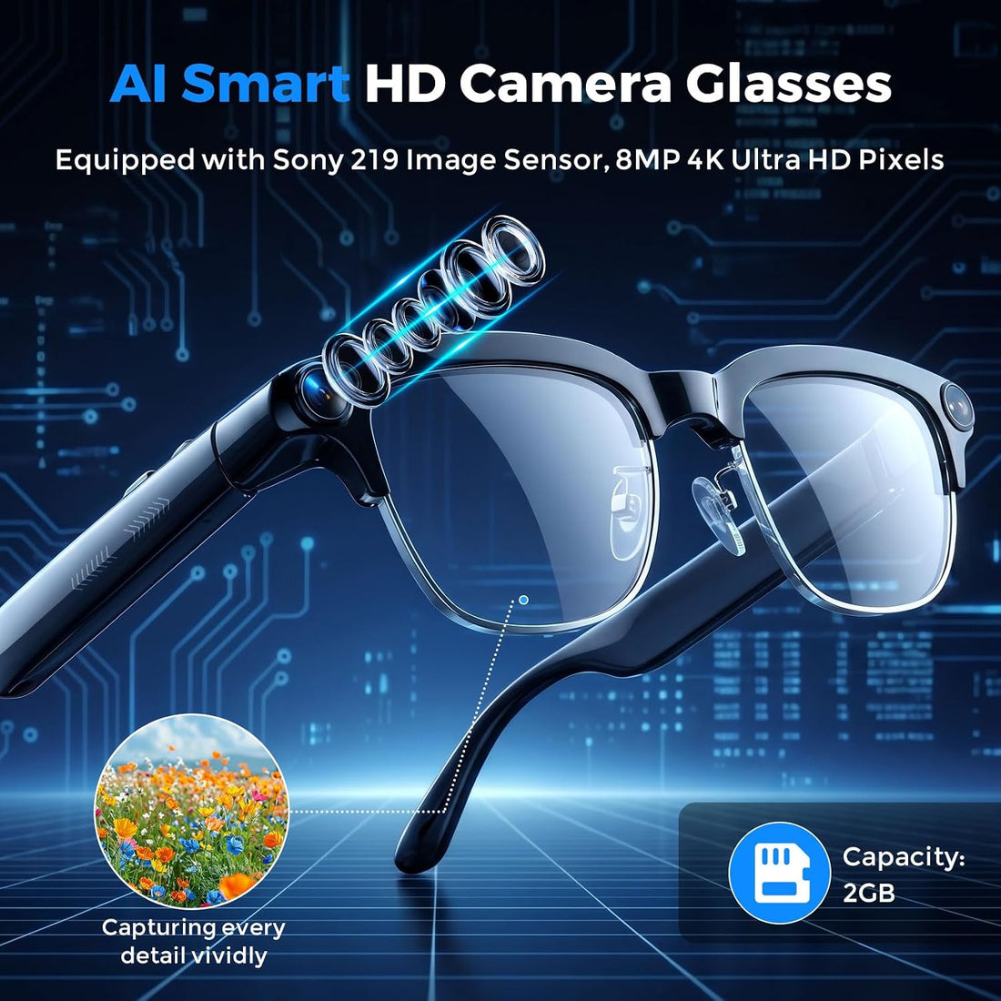 AI Smart Glasses with 4K HD Camera — Real-Time Translation, IP65 Waterproof, Open-Ear Bluetooth